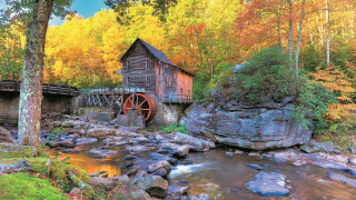 Wooden water mill autumn foliage 2 - david martin free wallpaper