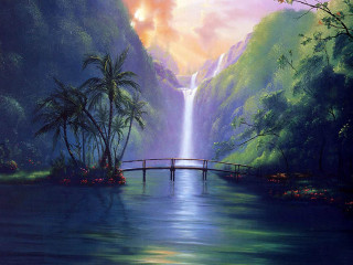 Waterfall bridge river sunset painting - christophe vacher free wallpaper
