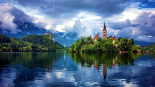 Lake church mountains trees cloudy - ferenc joachim free wallpaper