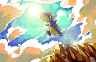 Cartoon character flying mountains clouds - concept art free wallpaper