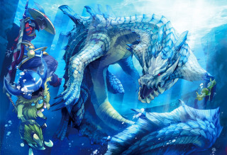 Dragon woman blue dress water - a sword and a helmet free wallpaper
