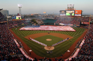 Baseball stadium american flag crowd - aaa game free wallpaper