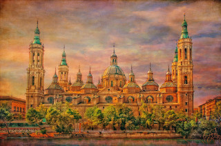 Cathedral river boat painting waterfront - the water below free wallpaper