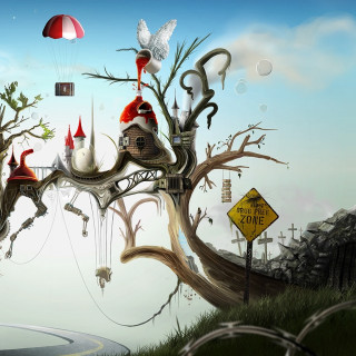 Surreal tree house bird red - chris labrooy free wallpaper