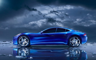 Blue sports car water cloudy - full free wallpaper