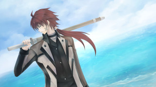Anime character baseball bat ocean - a cloudy sky in the background free wallpaper