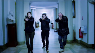 Three people hallway guns holding - viennese actionism free wallpaper