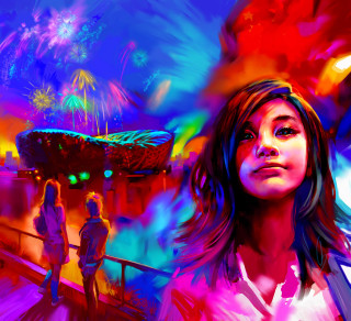 Woman fireworks bridge background painting - a painting of a woman free wallpaper