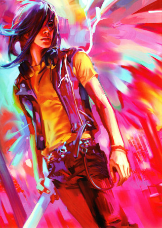 Woman headphones sword walking bright - a painting of a woman free wallpaper