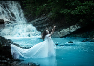 Woman white dress river waterfall 2 - daphne mcclure free wallpaper