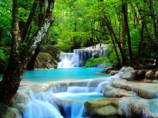 Waterfall forest blue water green - the side of the waterfall free wallpaper
