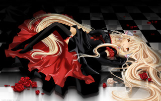 Women laying checkered floor roses - an anime drawing free wallpaper