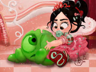Cartoon girl pink dress green - a candy cane free wallpaper