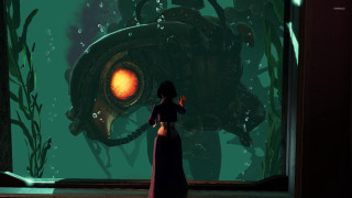 Woman window aquarium giant fish 2 - magic realism free wallpaper for desktop