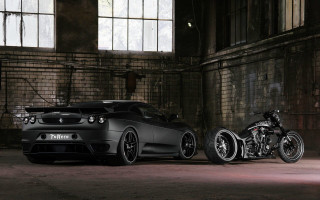 Black sports car motorcycle warehouse - a brick wall behind free wallpaper
