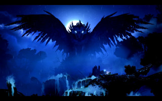 Large bird flying blue sky 4 - a waterfall in the foreground free wallpaper