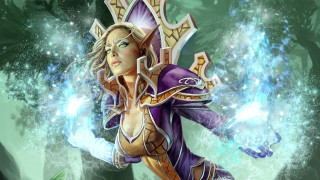 Woman purple sword green background - a detailed painting free wallpaper