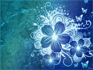 Blue flower butterflies abstract art - a blue frame free wallpaper