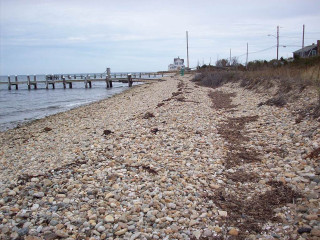 Beach pier rocks people walking - the beach in the distance free wallpaper
