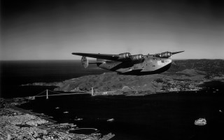 Airplane flying water mountains bridge - matte drawing free wallpaper