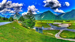 Scenic road mountains blue sky 2 - scenic free wallpaper