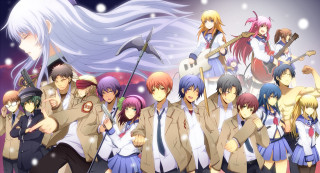 Anime characters purple background snow - front free wallpaper