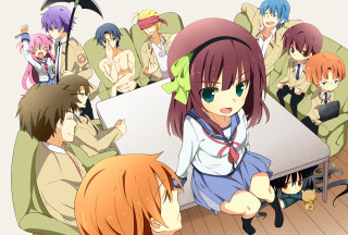 Group people table umbrellas girl - a group of people sitting free wallpaper