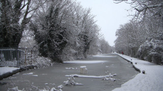 River snow trees fence background - the side of it free wallpaper