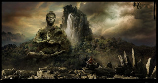 Man sitting rock waterfall dog - christophe vacher free wallpaper