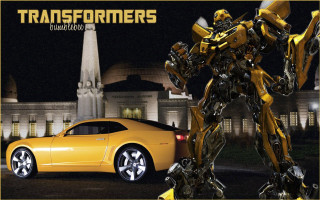 Yellow car robot building night - matte drawing free wallpaper