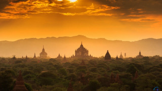Sunset temple forest mountains hazy 2 - hazy free wallpaper