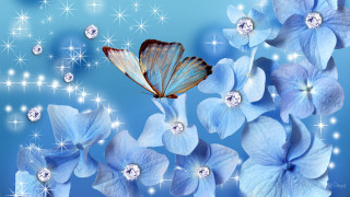 Blue butterfly blue flowers diamonds - diamond free wallpaper
