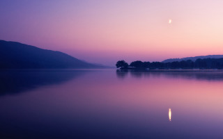 Lake tree hill sunset halfmoon - a half moon in the sky free wallpaper