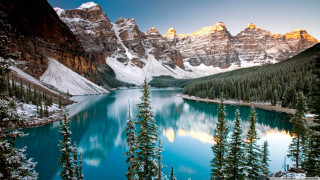 Lake snow covered mountains evergreen 2 - covered free wallpaper