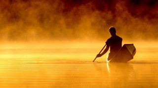 Man paddling canoe lake sunset - artur tarnowski free wallpaper