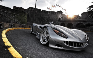 Silver sports car street stone - a stone wall free wallpaper