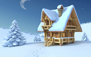 House snow tree moon blue - chris labrooy free wallpaper