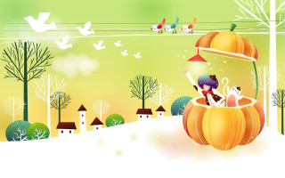 Cartoon girl pumpkin basket birds - pop surrealism free wallpaper