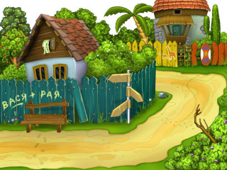 Village cartoon road sign fence - left free wallpaper