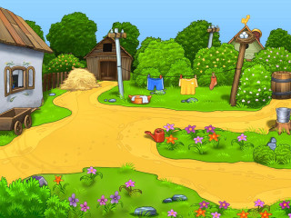 Cartoon small village road farmhouse - a cartoon picture free wallpaper
