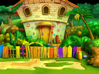 Cartoon house garden fence path - digital free wallpaper for desktop