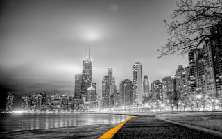Cityscape night lake yellowline bridge - photo of a city free wallpaper