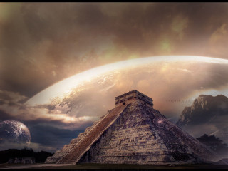 Pyramid large planet sky background - matte painting free wallpaper for desktop