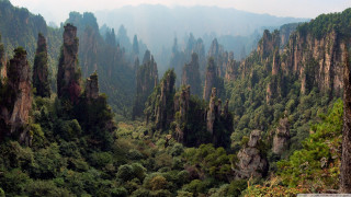 Mountain landscape tall rocks trees - dai xi free wallpaper