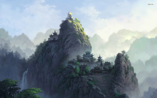 Mountain castle clouds trees foggy - a painting of a mountain free wallpaper