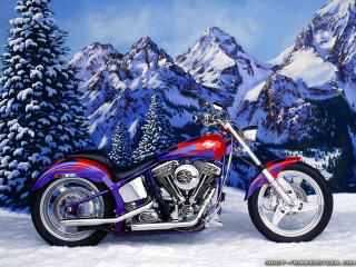 Motorcycle parked snow mountain scene - folk art free wallpaper
