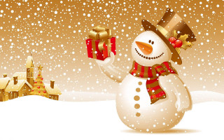 Snowman holding gift snow house 2 - hill free wallpaper