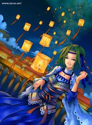 Woman blue dress lanterns sky - egyptian art free wallpaper