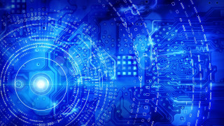 Blue circuit board light background - a blue light in the middle free wallpaper