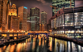 City skyline river night lights 5 - a bridge in the foreground free wallpaper
